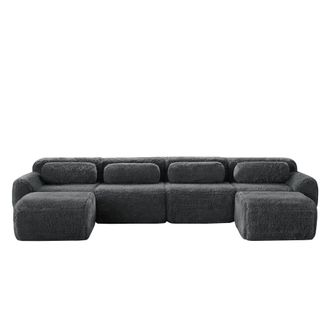 STILVORA Sof&aacute; Modular 4 Plazas En Tela Aterciopelada Con 2 Taburetes, Base Antideslizante, Asiento Amplio Y 4 Cojines, Gris