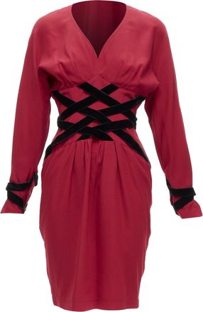 Thierry Mugler Vintage black velvet crisscross corset red cocktail dress IT7AR S