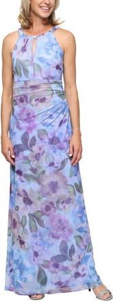 S.L. Fashions Gathered Floral Cutout Sleeveless Maxi Dress in Blue/Multi at Nordstrom, Size 16P