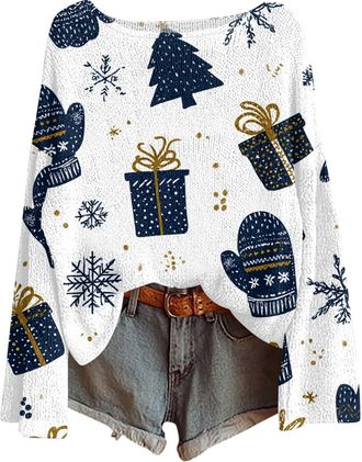 Generic Womens Christmas T Shirts Funny Christmas Funny Xmas Tree Snowman Print Tops Loose Long-Sleeved Sweater Casual Pullover Knitted Top with Multiple Desi