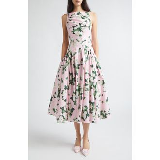 Carolina Herrera Rose Print Bateau Neck Midi Dress in Rosewater Multi at Nordstrom, Size 12