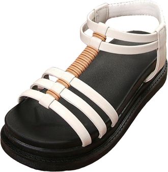 Generic Summer Womens Sandals Size 5 Womens Strappy Stylish Summer Sandal Platform Solid Hollow Out Shoe High Elastic Ankle Strap Ladies Wedge (White, 6.5)