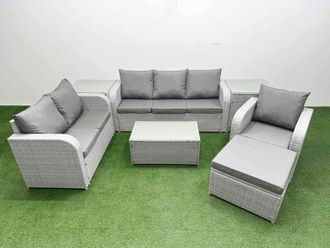 Fimous Patio PE Wicker 7 Seater Outdoor Rattan Furniture Sofa Sets w/ Rectangular Coffee Table Reclining Chair Loveseat Sofa 3 Seater Sofa Big