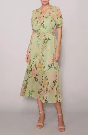 Melloday Puff Sleeve Tiered Midi Dress in Sage Multi at Nordstrom Rack, Size Medium