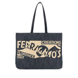 Ferragamo Blue Denim Large Tt Sign Shopping Bag