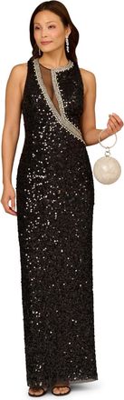 Adrianna Papell Womens Aidan Sequin Long Dress - Black - Size 16 UK