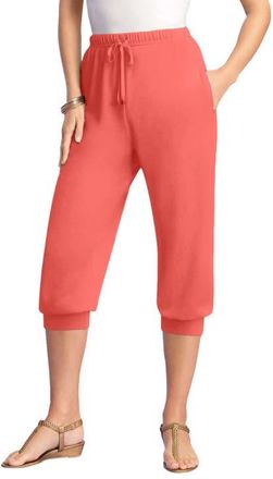 Roaman's Plus Size Soft Knit Capri Pant With Drawstring Waist in Sunset Coral at Nordstrom, Size Small