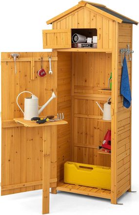 Costway Cobertizo Jardin Exterior De Madera, Armario De Almacenaje De Jard&iacute;n Madera, Caseta De Jard&iacute;n De Madera Con Puertas Con Cerradura, Mesa Plegable, Ganc