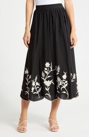 Joie Floral Embroidered Scalloped Hem Pull-On Skirt in Black W/Ecru Embroidery at Nordstrom Rack, Size X-Small
