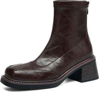 Generic Women Ankle High Distressed PU Leather Square Toe Casual Boots Block Heels Side Zip Pull Tab Slim Fit Comfortable Durable,Brown,6.5 UK