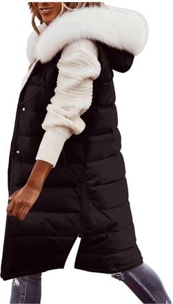 Generic Womens Long Quilted Gilets - Faux Fur Detachable Hood Puffer Coats, Longline Winter Warm Padded Jacket, Sleeveless Side Zipper Vest, Ladies Bodywarmer