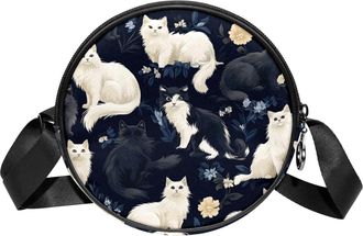 Generic Circle Crossbody Bag for Women, Black and White Cats Flower Small Sling Bag Daypack with Zipper Adjustable Shoulder Straps Casual Ladies Girls Round P