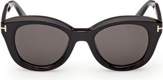 Tom Ford 49mm Small Round Sunglasses in Shiny Black /Smoke Lens at Nordstrom