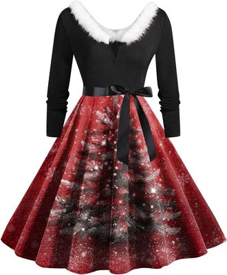 Generic Christmas Dress Womens V Neck Long Sleeve Winter Dress Elegant Perfect Party Printed Xmas Costume Swing Dresses Womens Christmas Sweatshirt Outfits Sw