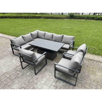 Fimous 8 Piece 9 Seater Aluminum Corner Sofa Set with Lifting Table & Chair in Dark Grey