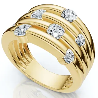 Pompeii3 1ct Yellow Gold Real Diamond 14K Right Hand Womens Fashion Multi Row Ring Size Selectable