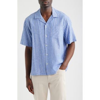 Corridor Stripe Linen & Cotton Camp Shirt in Blue at Nordstrom, Size Xx-Large