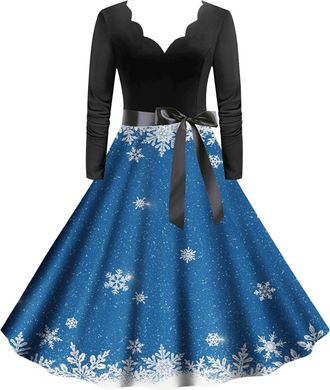 Generic Black Dress for Women, Womens Christmas Printed Pullover Long Black Skirt Womens Vintage Elegant Maxi Dress Tartan Dresses for Women UK Womens Christm