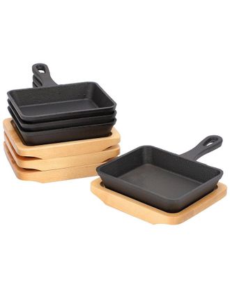 MegaChef 4Pc Mini Cast Iron Square Pan With Wood Tray