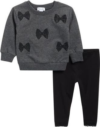 Splendid Lacy Bow Cotton Blend Sweatshirt & Leggings Set in Heather Charcoal at Nordstrom, Size 6-12M