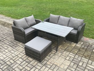 Fimous Outdoor Garden Patio Furniture Wicker Rattan Oblong Rectangular Dining Table & Lounge Sofa set with Big Footstool Dark Grey Mixed