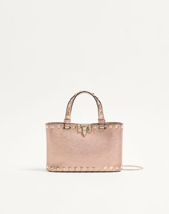 Valentino Garavani Mini Borsa Shopping Rockstud In Vitello Granato Laminato Donna ROSE CANNELLE UNI
