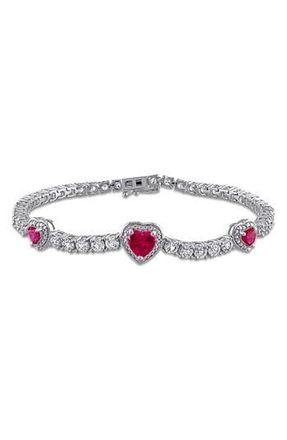 Delmar Lab Grown Ruby & Lab Grown White Sapphire Heart Station Bracelet in Red at Nordstrom Rack