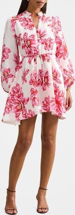 Ever New Annalise Tie Waist Long Sleeve Linen Blend Minidress in Zila Floral at Nordstrom, Size 4