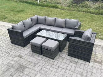 Fimous 9 Seater Rattan Corner Sofa Lounge Sofa Set With Rectangular Coffee Table 2 Stool Left Hand in Dark Grey