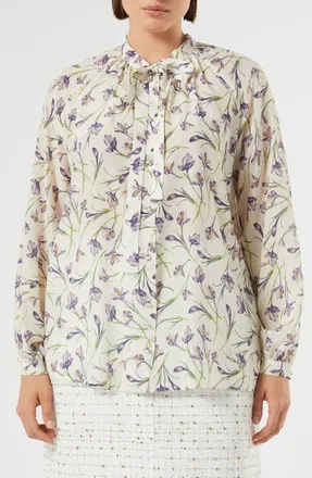 Marina Rinaldi Tie Neck Silk Cr&ecirc;pe de Chine Button-Up Shirt in Ivory at Nordstrom, Size 18W