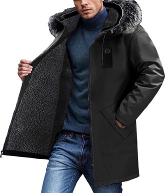 Generic Mens Thermal Puffer Jackets Parka Coats with Faux Fur Hood, Fleece Lined Windproof Winter Coat Mid Length Cotton Padded Jacket