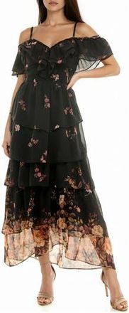 Socialite Floral Cold Shoulder Tiered Maxi Dress in Black Yellow Taupe at Nordstrom Rack, Size X-Small