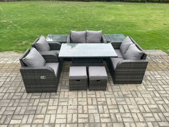 Fimous Wicker PE Rattan Furniture Garden Dining Set Outdoor Height Adjustable Rising lifting Table Love Sofa Chair in Dark Grey