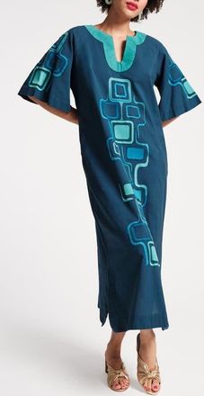 Frances Valentine Charming Caftan Maxi Jetson Print Cotton Linen in Blue/multi at Nordstrom, Size Small