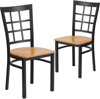 Flash Furniture 2 Pk. Black Window Back Metal Restaurant Chair - Natural Wood Seat