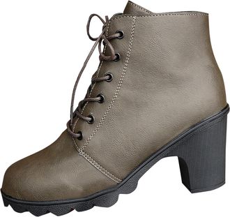 Generic Army Green Ladies Thick Sole Lace Up Block Heel Short Boots for Fall and Winter Comfort Walking Shoes with Durable Construction