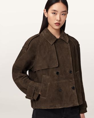 AllSaints Leather Reya Cropped Suede Mac, Size: XS