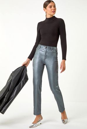 Roman Metallic Coated Mom Style Trousers