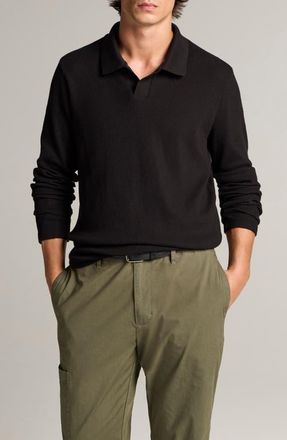 Vince Macro Rib Long Sleeve Johnny Collar Polo in Black at Nordstrom, Size Xx-Large