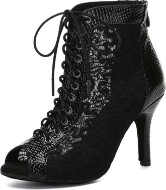 Minitoo Ladies Dance Boots Heels Elegant Mesh Prom Evening Ankle Sandals Shoes L650 Black 8.5cm Heel UK 6.5