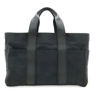 Herm&egrave;s Black Nylon Leather Handbag Tote Bag (Pre-Owned)