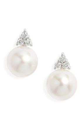 Nordstrom Diamond & Akoya Pearl Stud Earrings in White- 14K White Gold at Nordstrom, Size 7.5 Mm