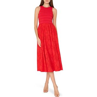 Milly Ottoman & Geometric Eyelet Lace Midi Dress in Red at Nordstrom, Size X-Small