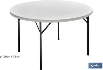 cofan Mesa redonda plegable blanca 180x74cm, Mesa plegable redonda de color blanco fabricada en polietileno de alta densidad (hdpe) y estructura de acero