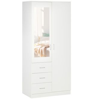OEM Armario Ropero De 2 Puertas Con Espejo 3 Cajones Estantes Ajustables Y Barra Para Colgar Incluida 80x50x180 Cm Blanco