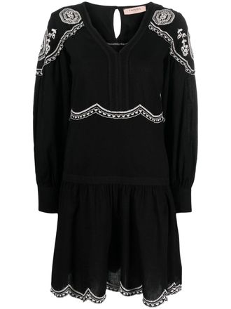 Twin-Set embroidered long-sleeve short dress - Black