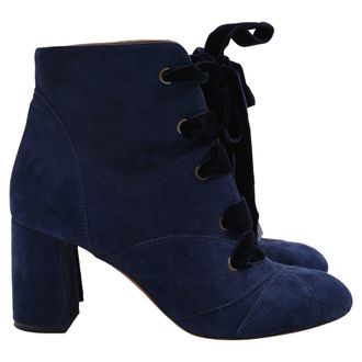 Chlo&eacute; Ribbon Lace-Up Ankle Boots in Navy Blue Suede