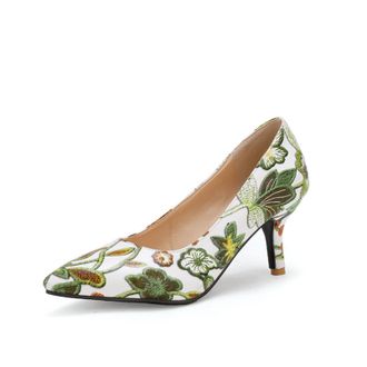 Generic Womens Floral Embroidery Pointed Toe Pumps Slim High Heel Colorful Pattern Refined Upper Cushioned Insole Elegant Structured Silhouette,Green,7.5 UK