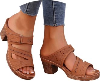 Generic Chunky Sandals Womens Heeled Sandals Open Toe Slip on Block Womens Chunky Mid Heels Ankle Square Heels Sandal Slippers Casual Comfortable Summer Backl