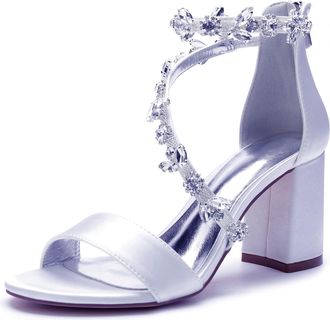 Generic Wedding Shoes Bridal Satin Block Heels Open Toe Chunky Heels Bridal Shoes Womens High Sandals 8Cm,White,10 UK
